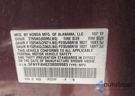 2013 Honda Pilot Ex-L from USA, damaged, VIN 5FNYF4H62DB009985
